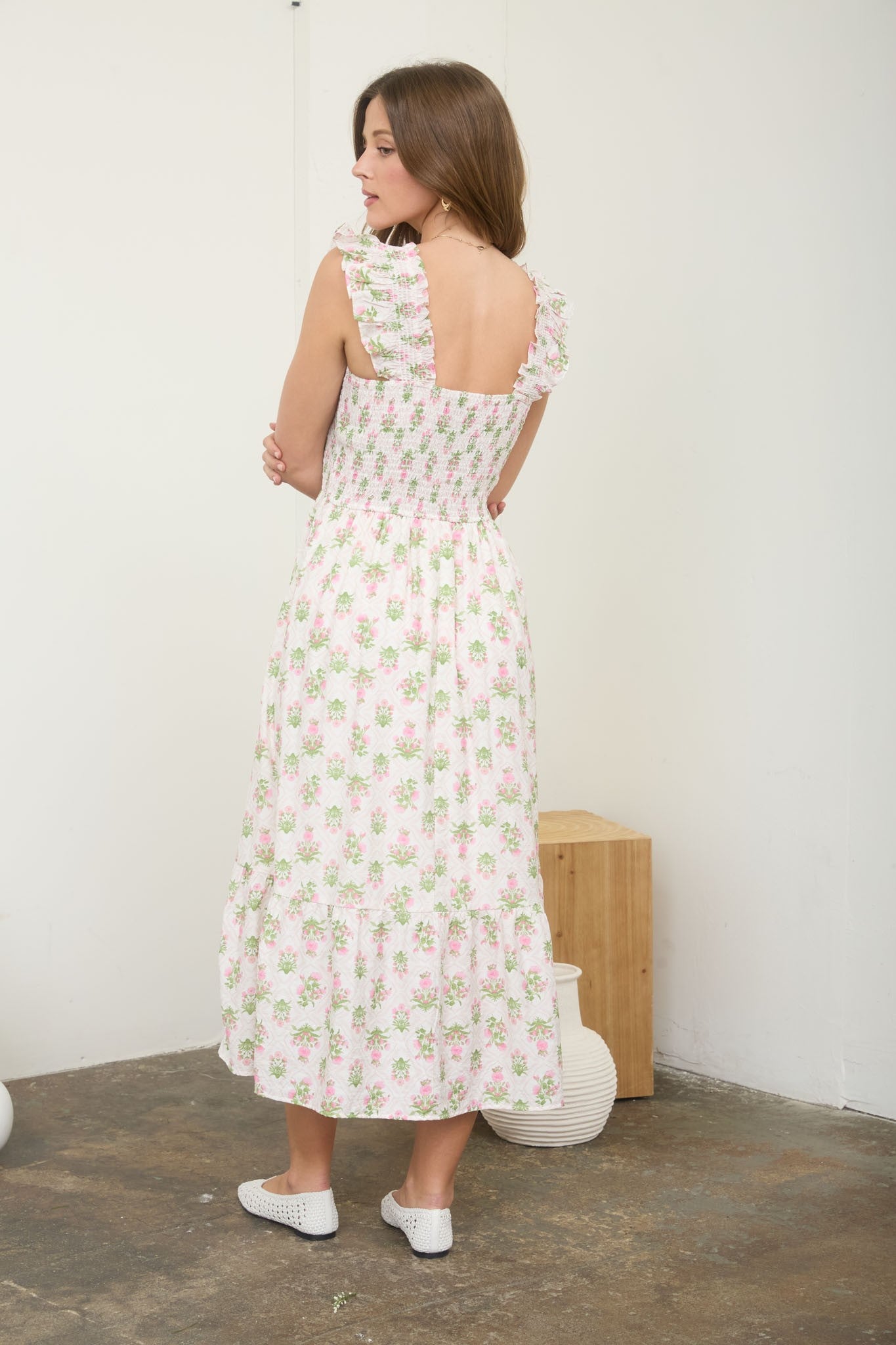 Pink Floral Smocked Sleeveless Midi Dress