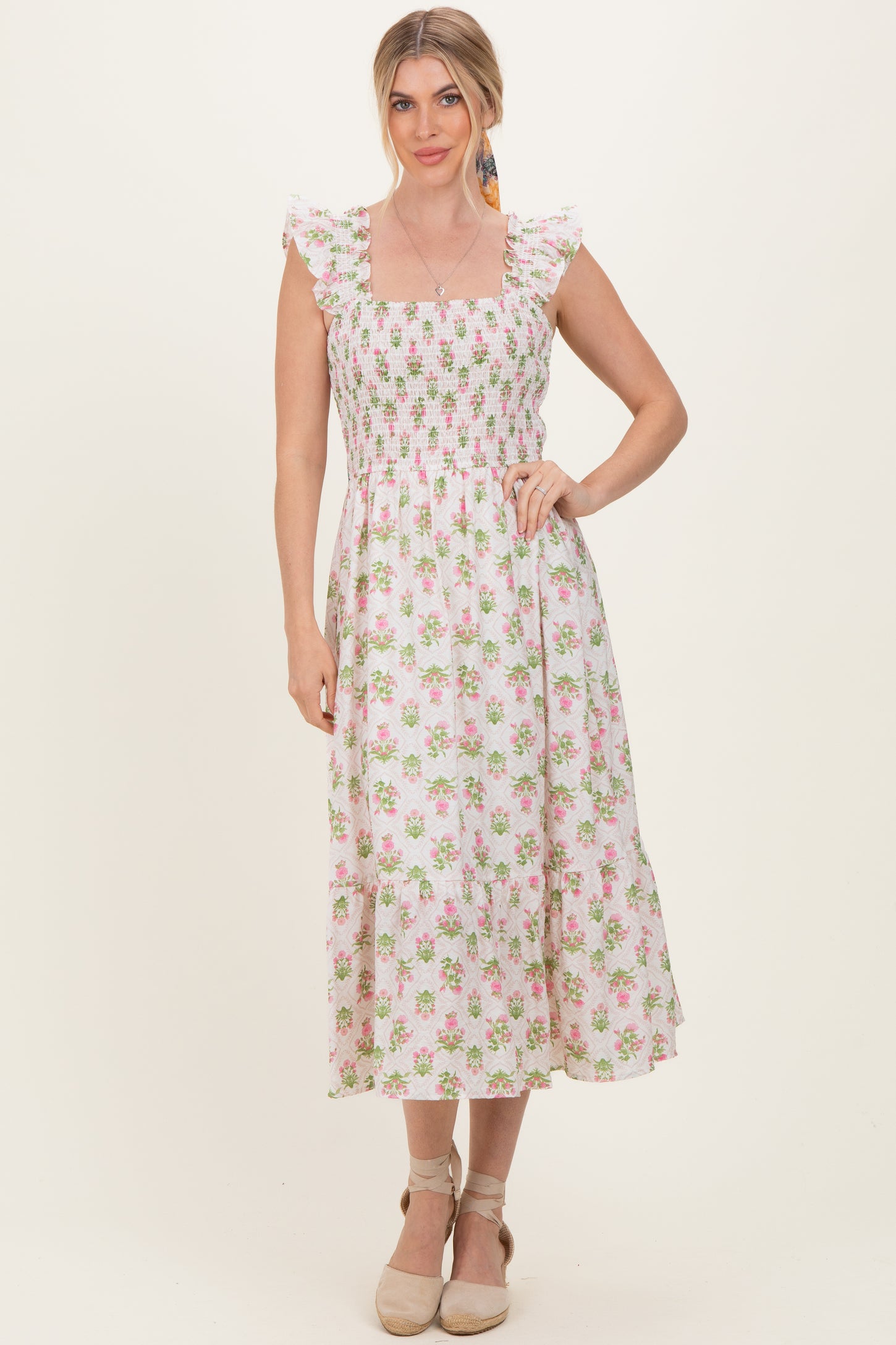 Pink Floral Smocked Sleeveless Midi Dress