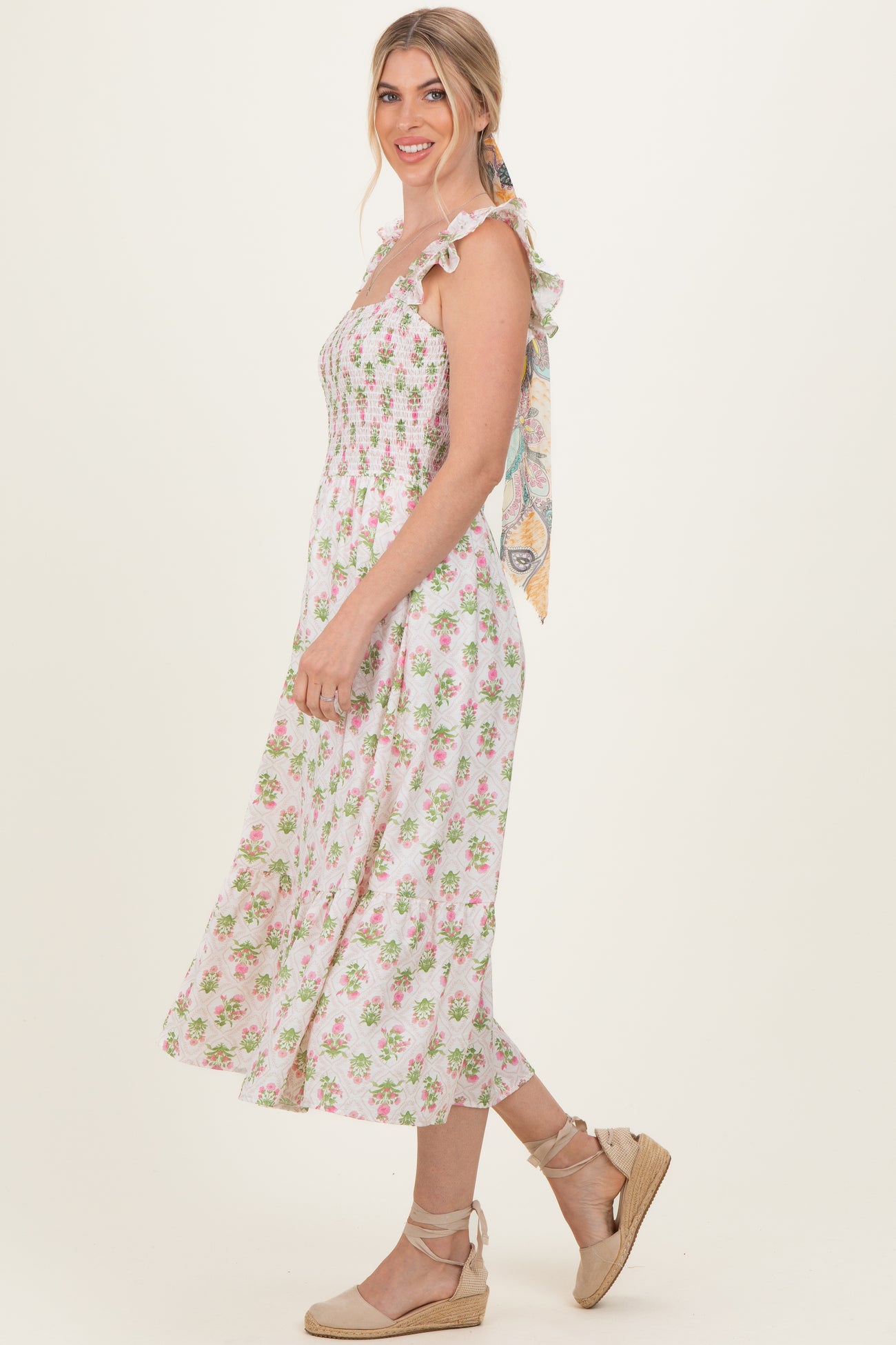 Pink Floral Smocked Sleeveless Midi Dress