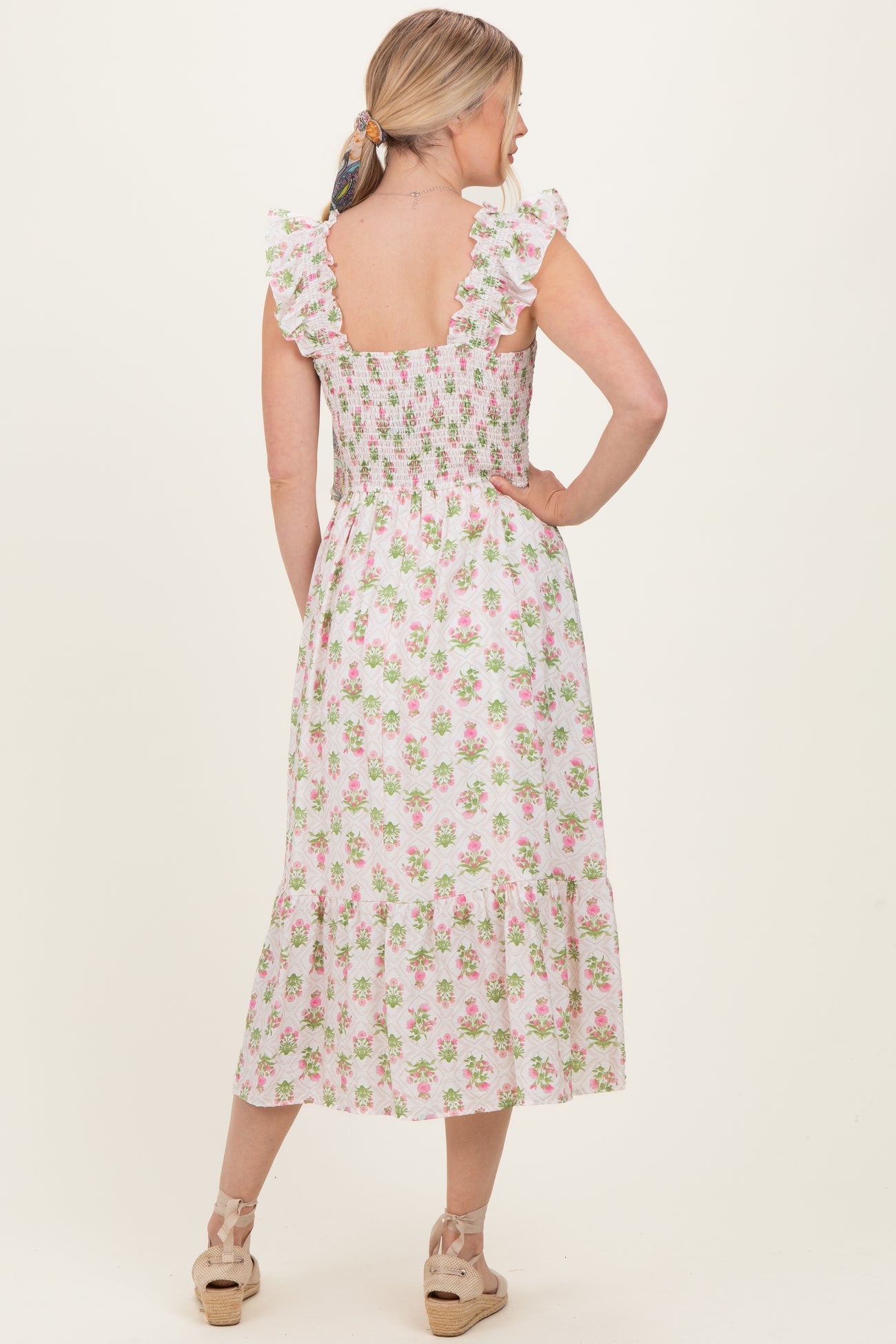 Pink Floral Smocked Sleeveless Midi Dress