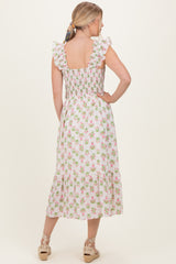 Pink Floral Smocked Sleeveless Midi Dress