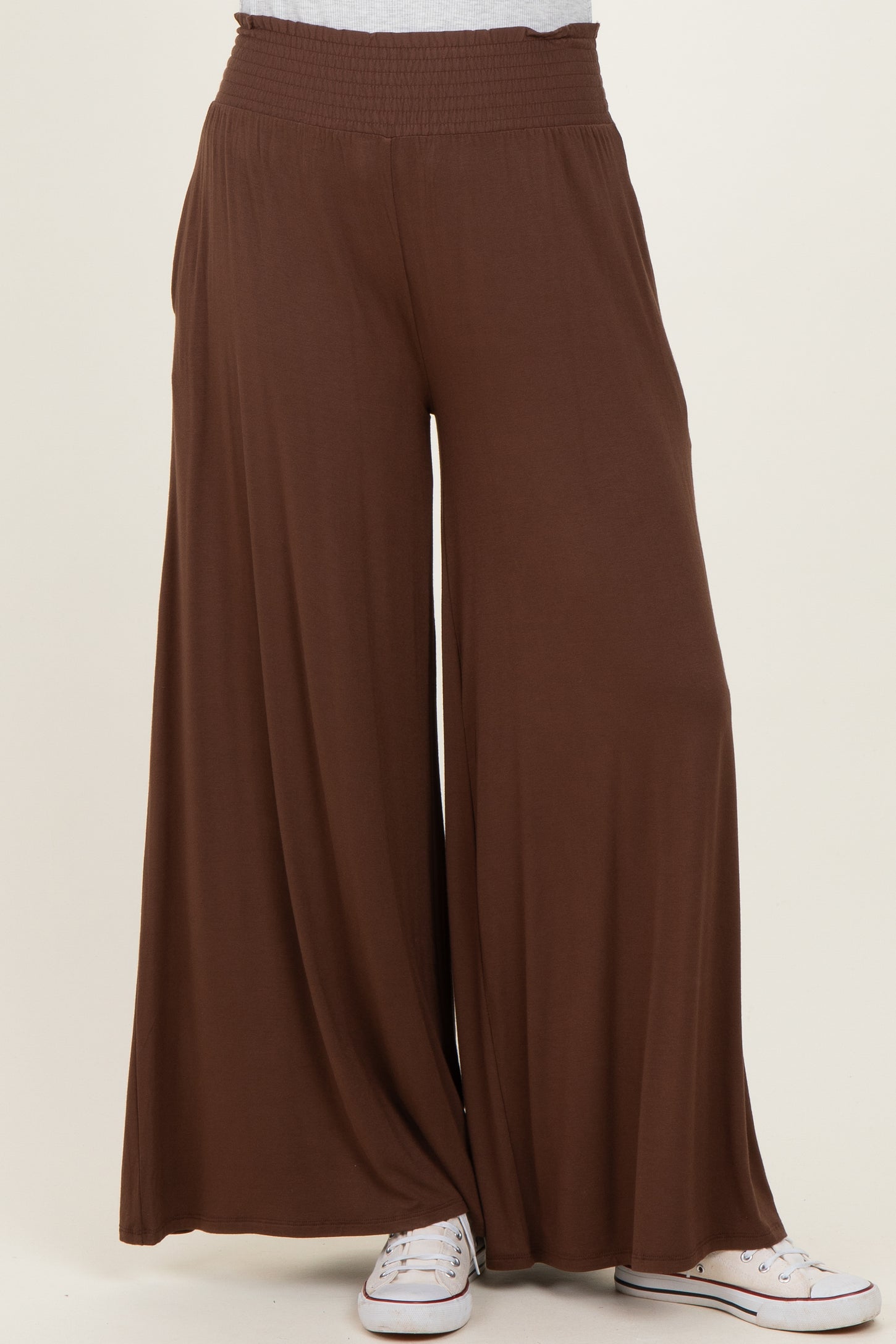 Brown Smocked Waist Wide Leg Pants