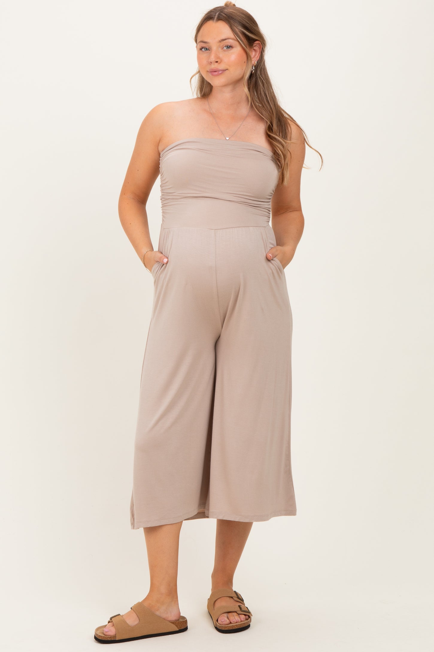 Ash Mocha Double Layered Strapless Tube Top Maternity Jumpsuit