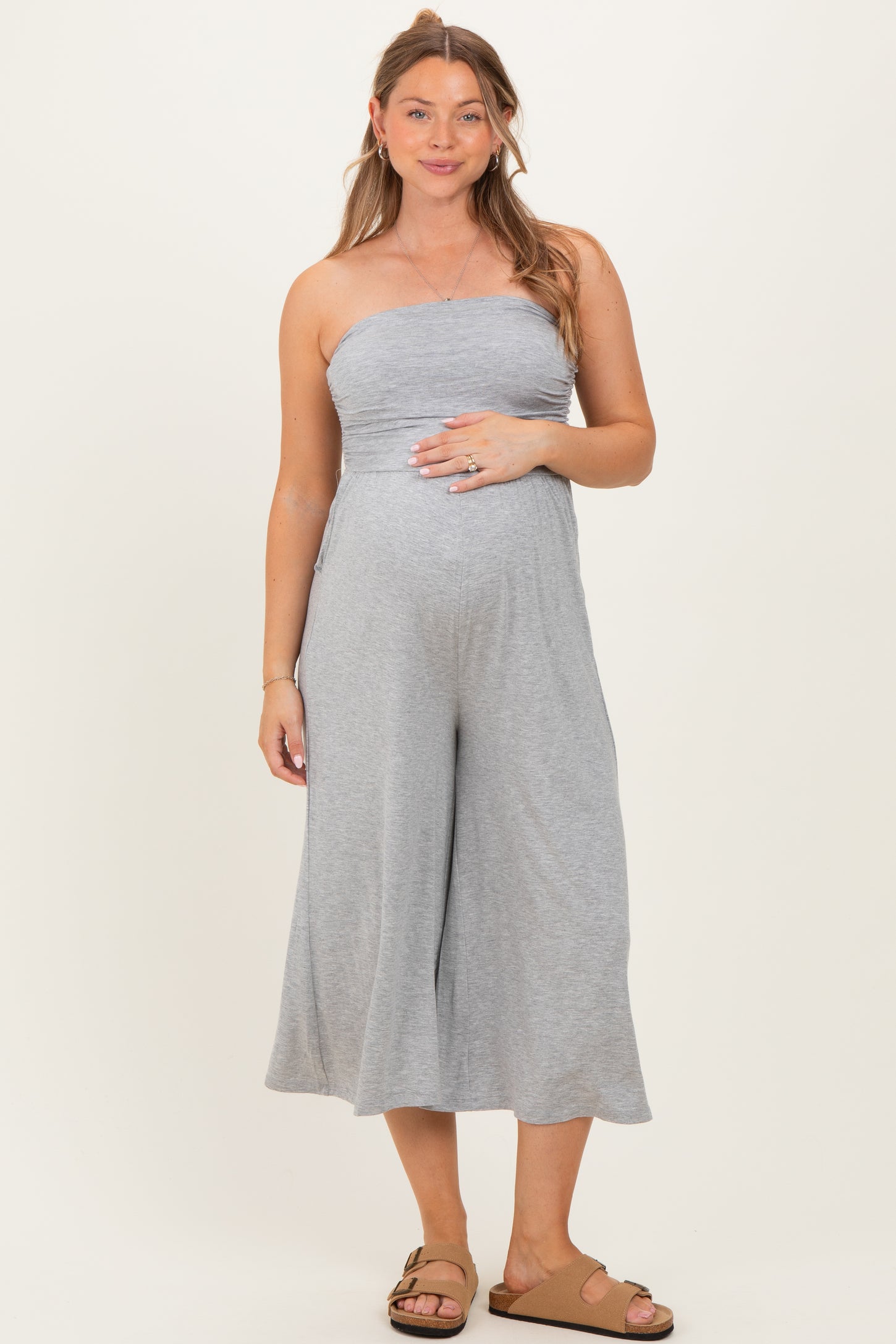 Heather Grey Double Layered Strapless Tube Top Maternity Jumpsuit