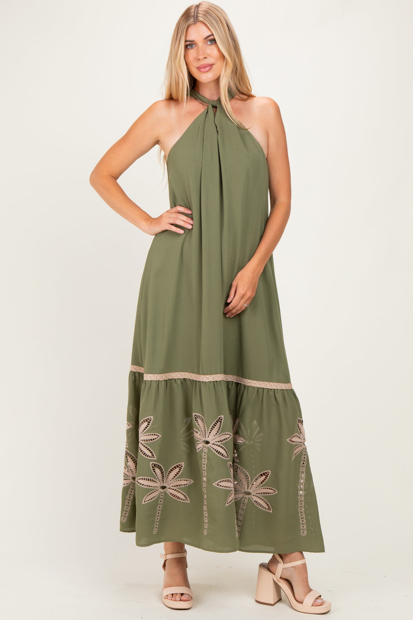 Olive Embroidered Halter Maternity Maxi Dress