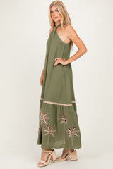 Olive Embroidered Halter Maxi Dress