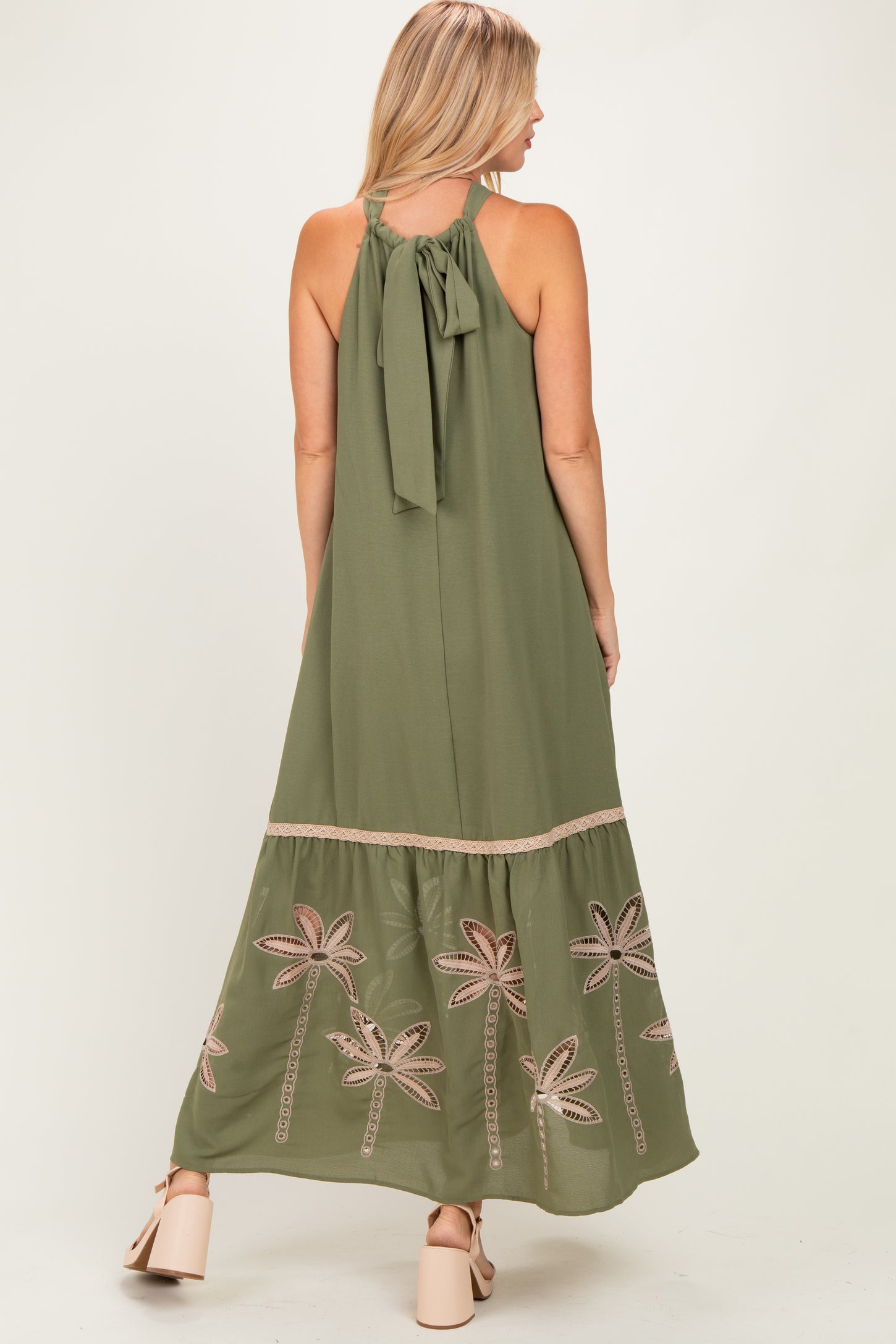 Olive Embroidered Halter Maxi Dress