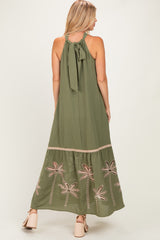 Olive Embroidered Halter Maxi Dress