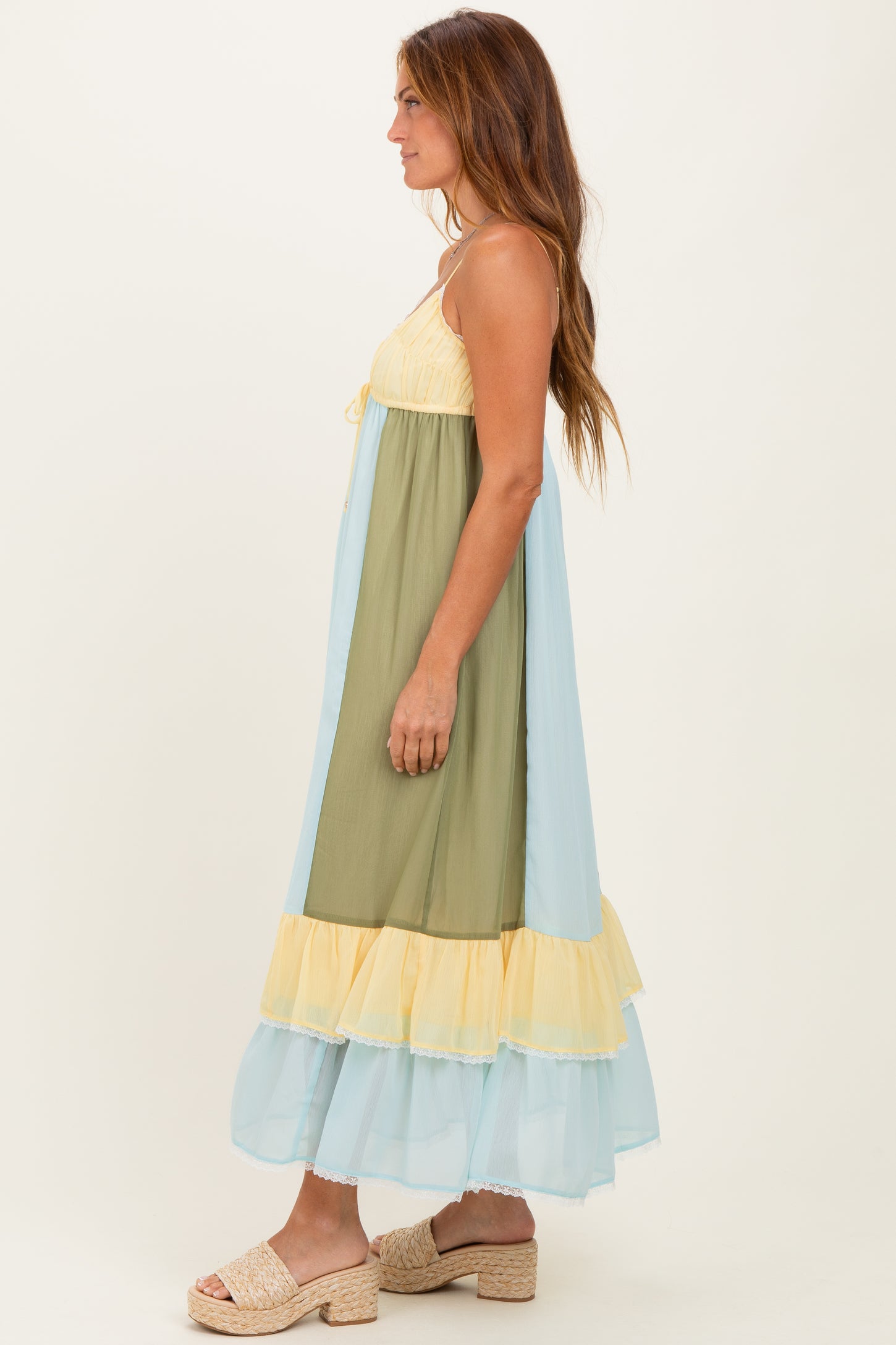 Light Blue Colorblock Tiered Ruffle Maxi Dress