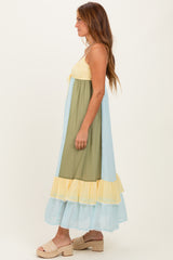Light Blue Colorblock Tiered Ruffle Maxi Dress