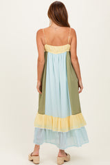 Light Blue Colorblock Tiered Ruffle Maxi Dress