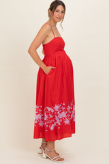 Red Floral Print Maternity Midi Dress