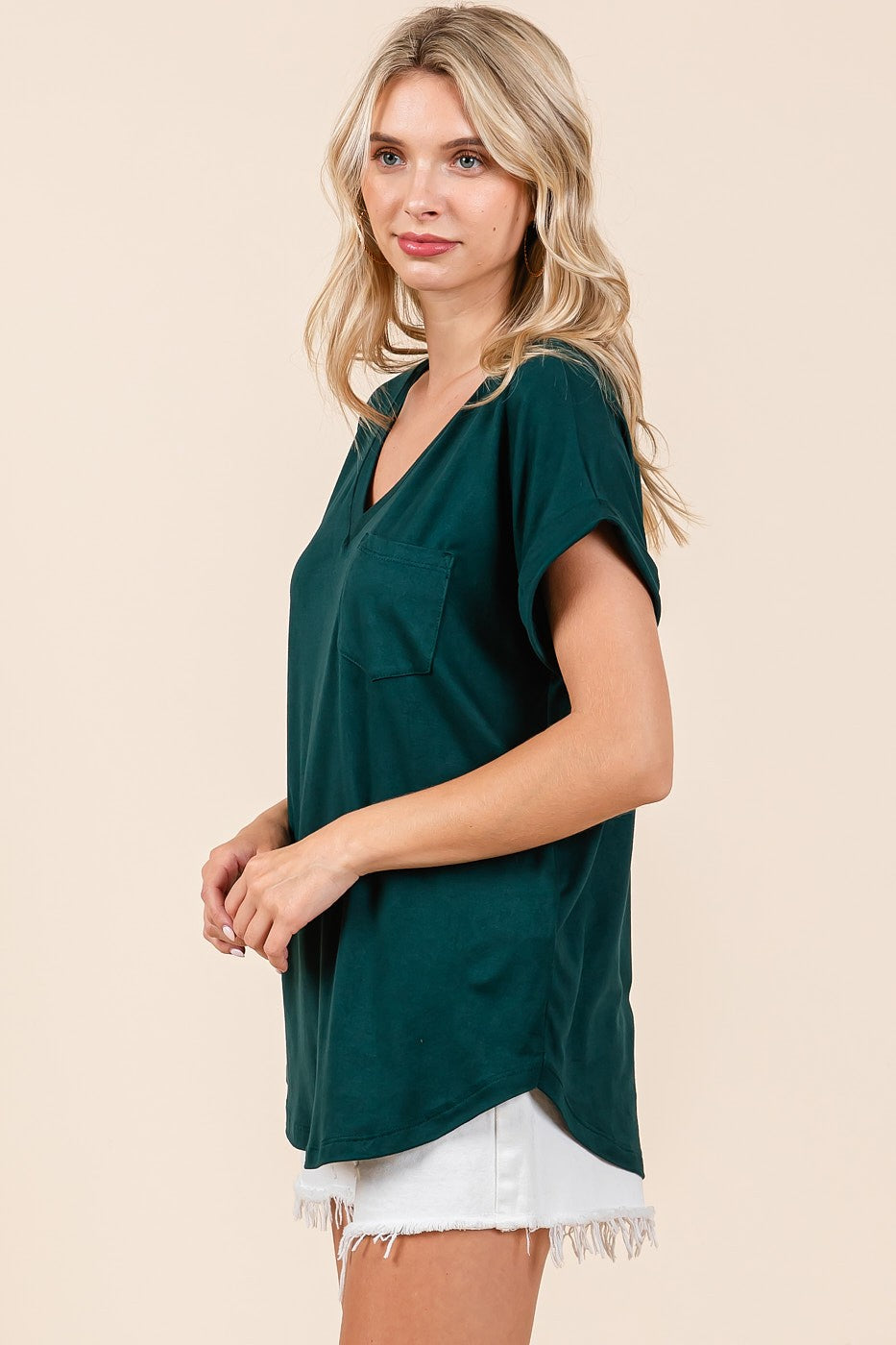 Forest Green V-Neck Pocket Short Sleeve Shirt