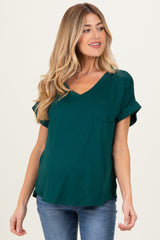 Forest Green V-Neck Pocket Short Sleeve Maternity Shirt