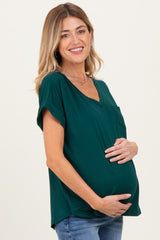 Forest Green V-Neck Pocket Short Sleeve Maternity Shirt