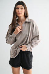 Taupe Sunfade Cotton Collared Long Sleeve Top