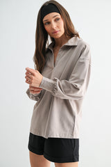 Taupe Sunfade Cotton Collared Long Sleeve Top