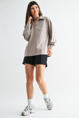 Taupe Sunfade Cotton Collared Long Sleeve Top
