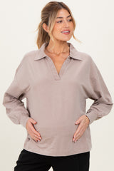 Taupe Sunfade Cotton Collared Long Sleeve Maternity Top
