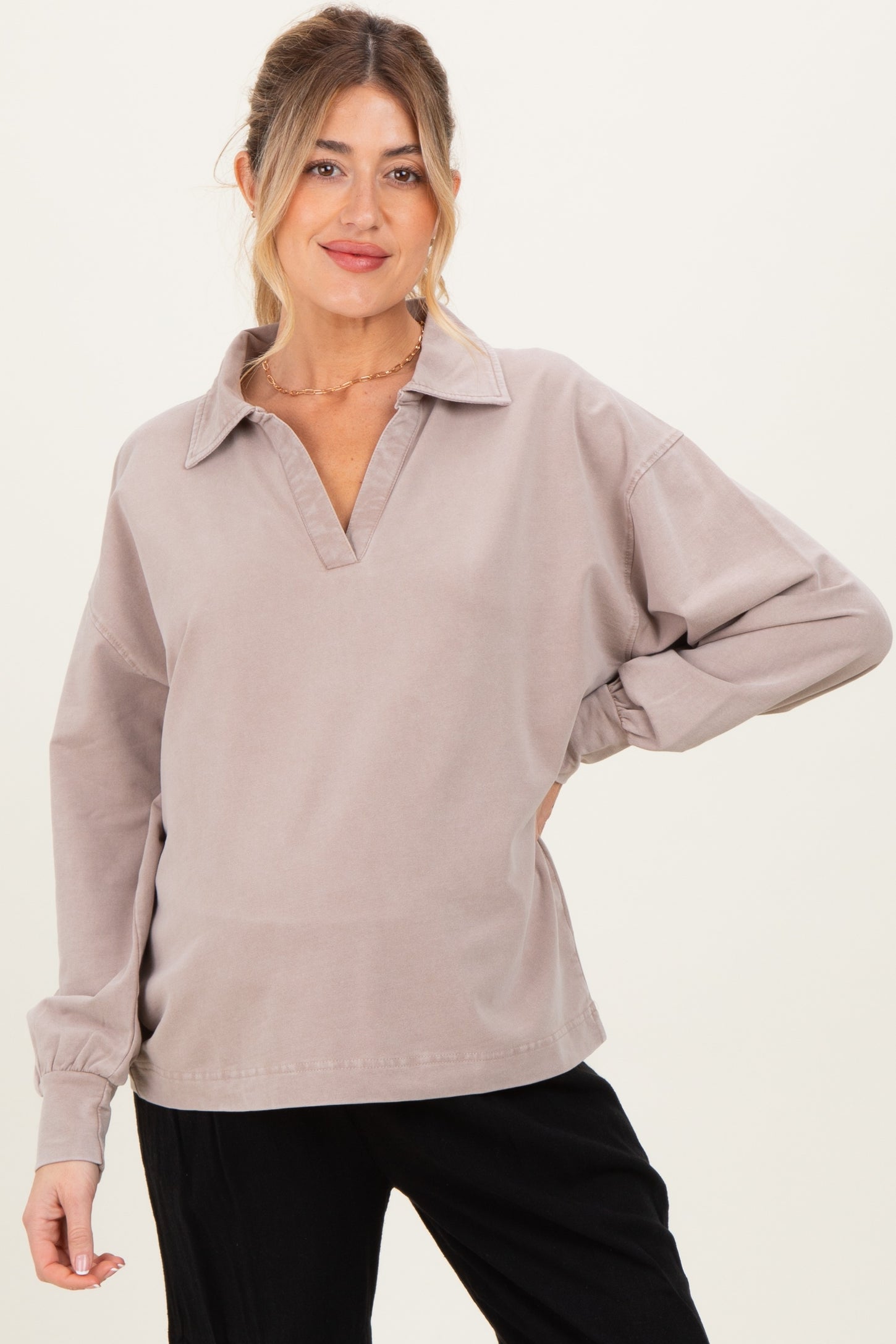 Taupe Sunfade Cotton Collared Long Sleeve Maternity Top