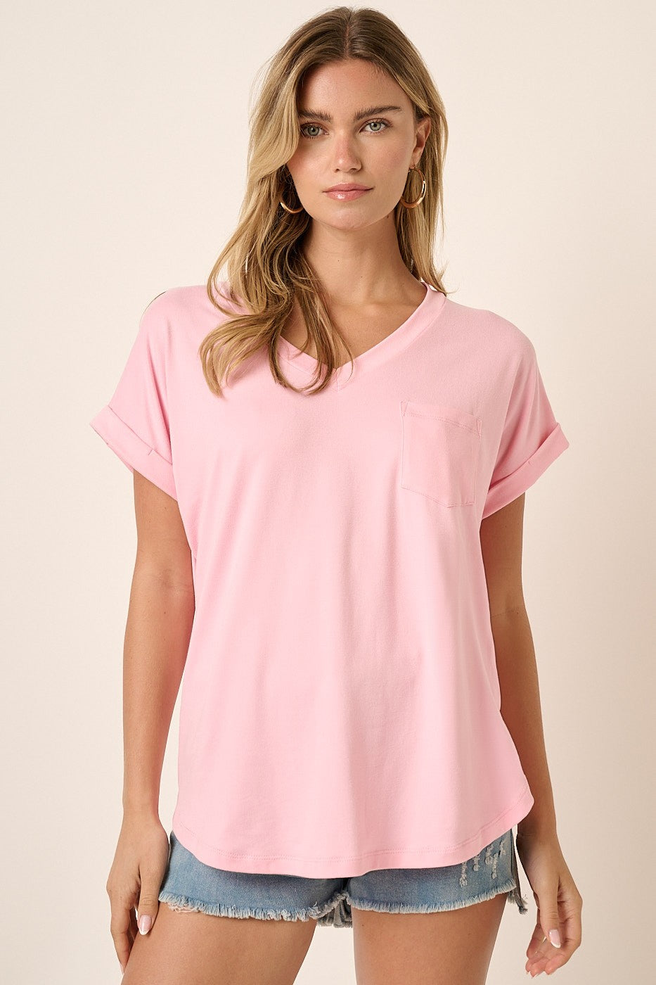 Light Pink V-Neck Pocket Short Sleeve Maternity Shirt