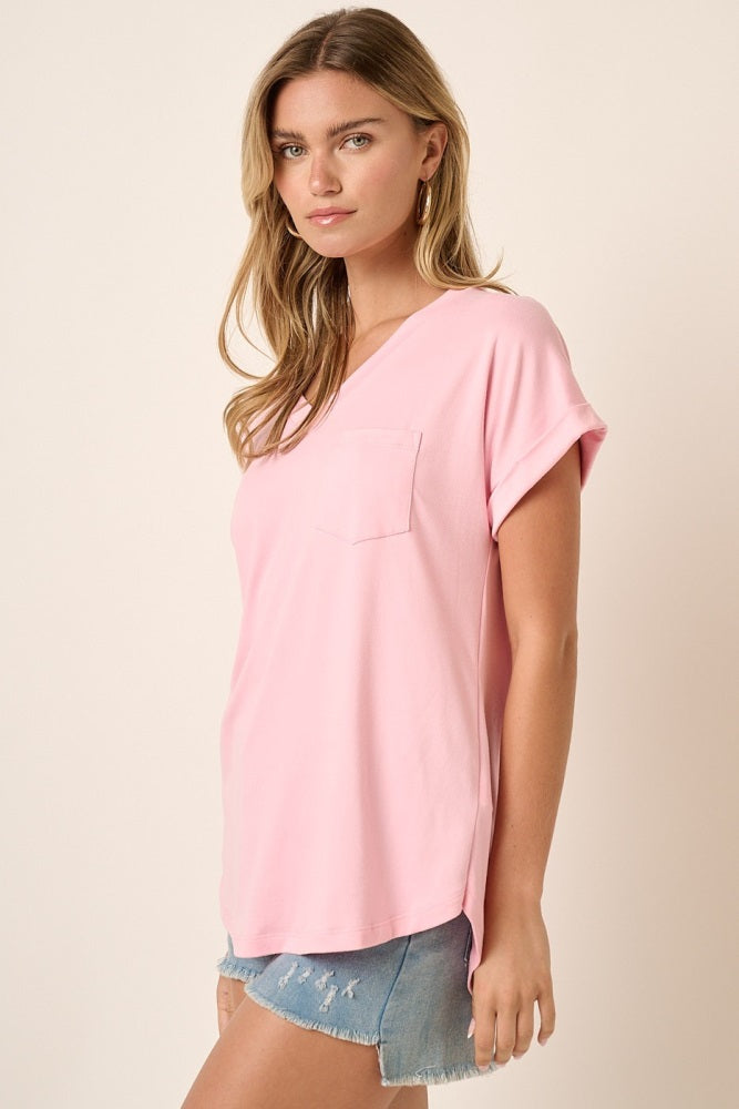 Light Pink V-Neck Pocket Short Sleeve Shirt