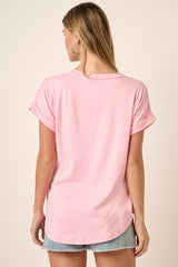 Light Pink V-Neck Pocket Short Sleeve Shirt