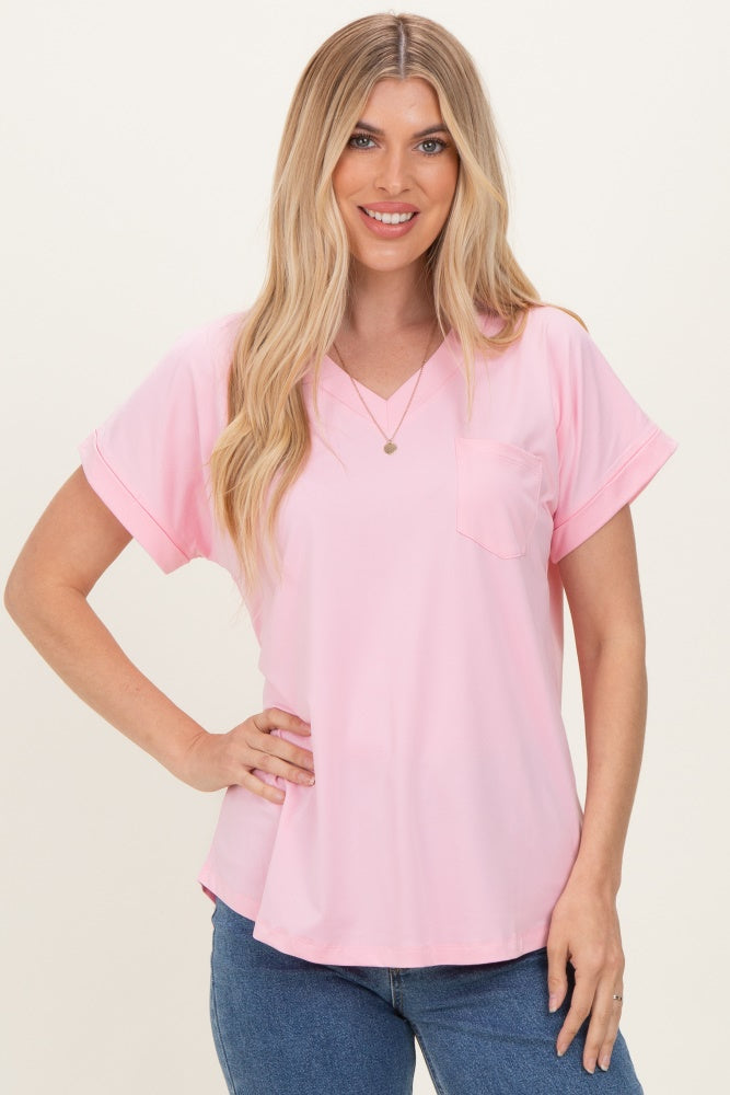 Light Pink V-Neck Pocket Short Sleeve Shirt