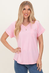Light Pink V-Neck Pocket Short Sleeve Shirt