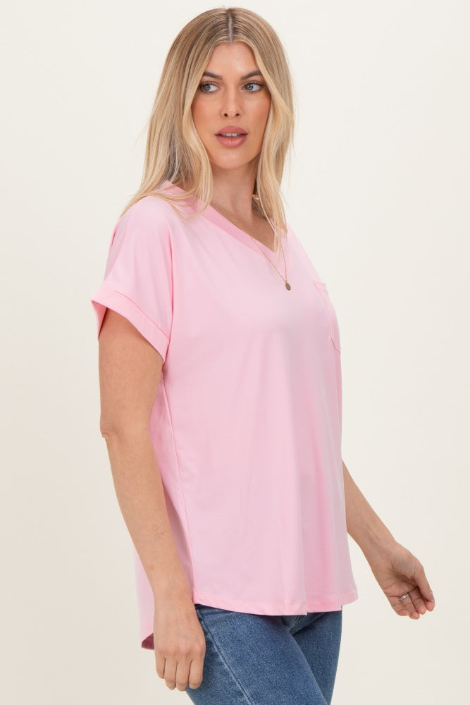 Light Pink V-Neck Pocket Short Sleeve Shirt