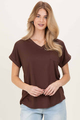 Brown V-Neck Pocket Short Sleeve Maternity Shirt