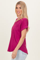 Magenta V-Neck Pocket Short Sleeve Shirt