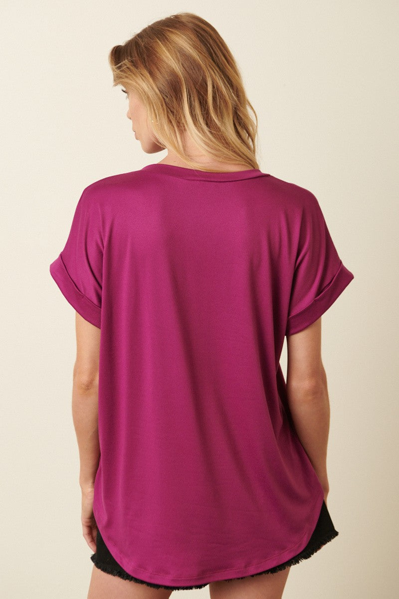 Magenta V-Neck Pocket Short Sleeve Shirt