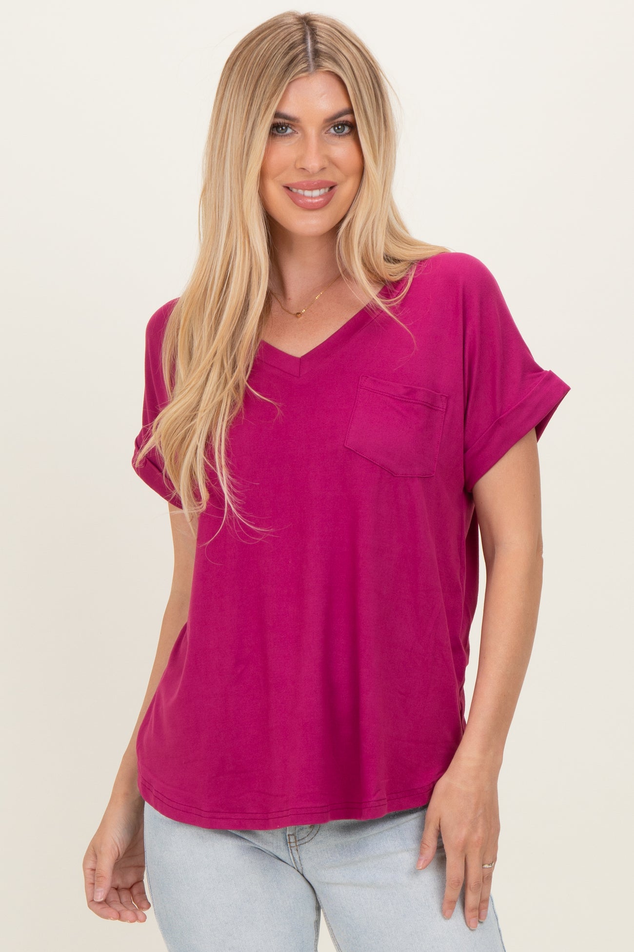 Magenta V-Neck Pocket Short Sleeve Maternity Shirt