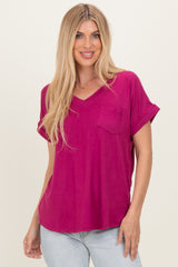 Magenta V-Neck Pocket Short Sleeve Maternity Shirt