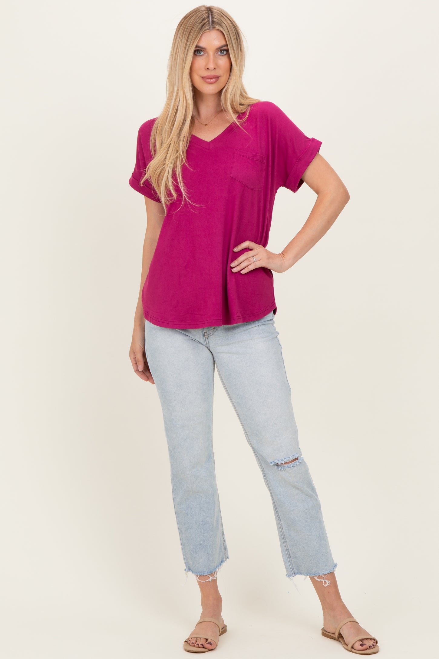 Magenta V-Neck Pocket Short Sleeve Shirt