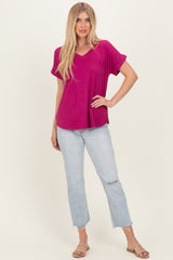 Magenta V-Neck Pocket Short Sleeve Shirt