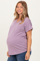 Lavender V-Neck Pocket Short Sleeve Maternity Shirt
