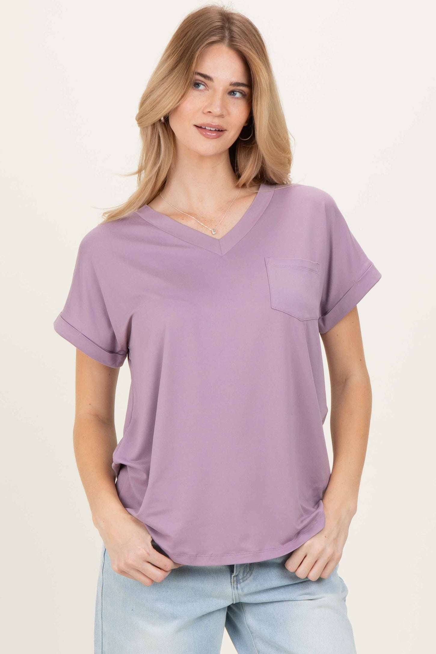 Lavender V-Neck Pocket Short Sleeve Shirt