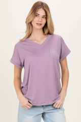 Lavender V-Neck Pocket Short Sleeve Shirt
