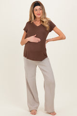 Brown Basic V-Neck Short Sleeve Maternity Top