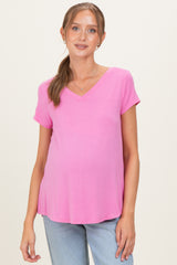 Pink Basic V-Neck Short Sleeve Maternity Top