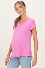 Pink Basic V-Neck Short Sleeve Maternity Top