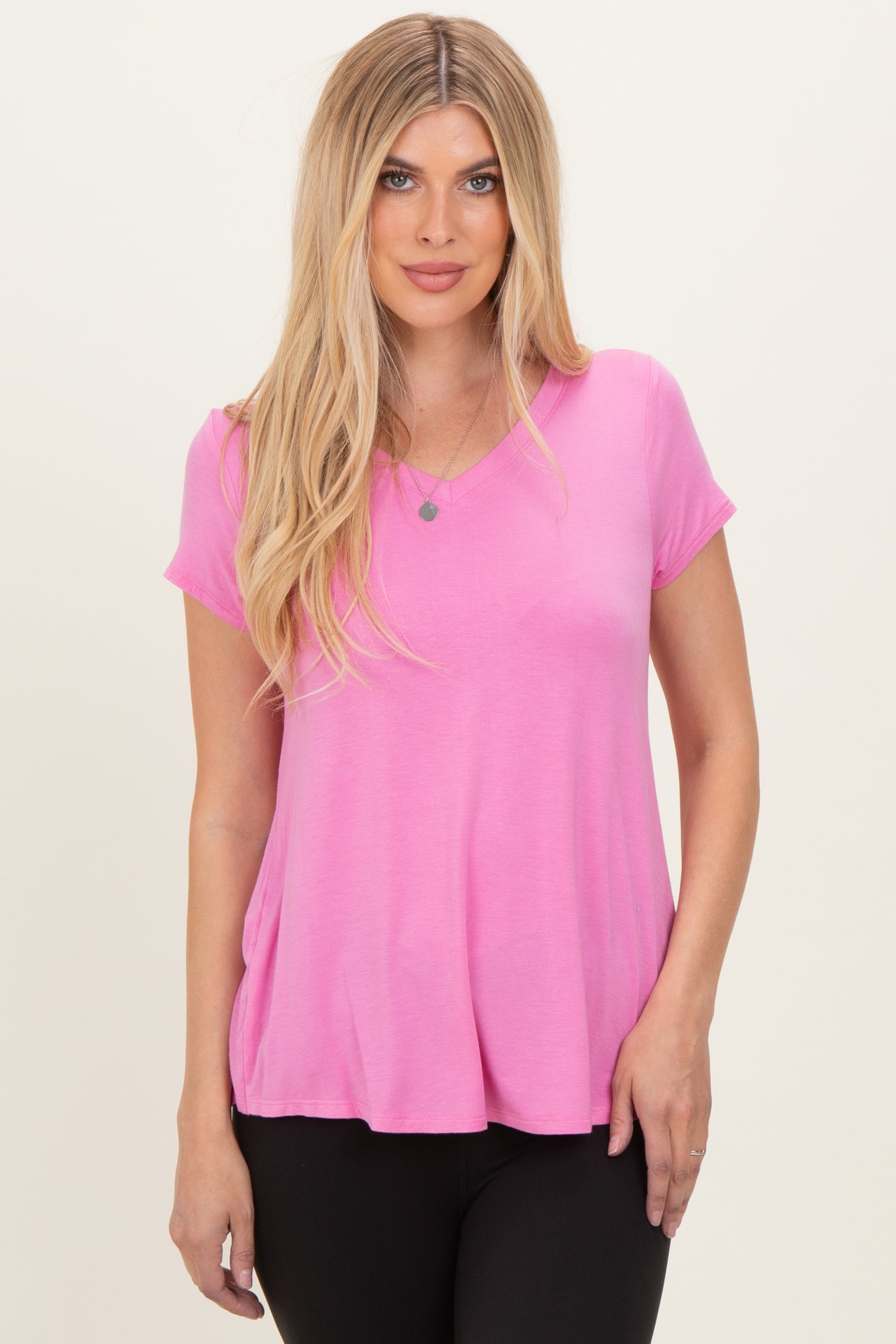 Pink Basic V-Neck Short Sleeve Maternity Top