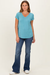 Dusty Teal Basic V-Neck Short Sleeve Top