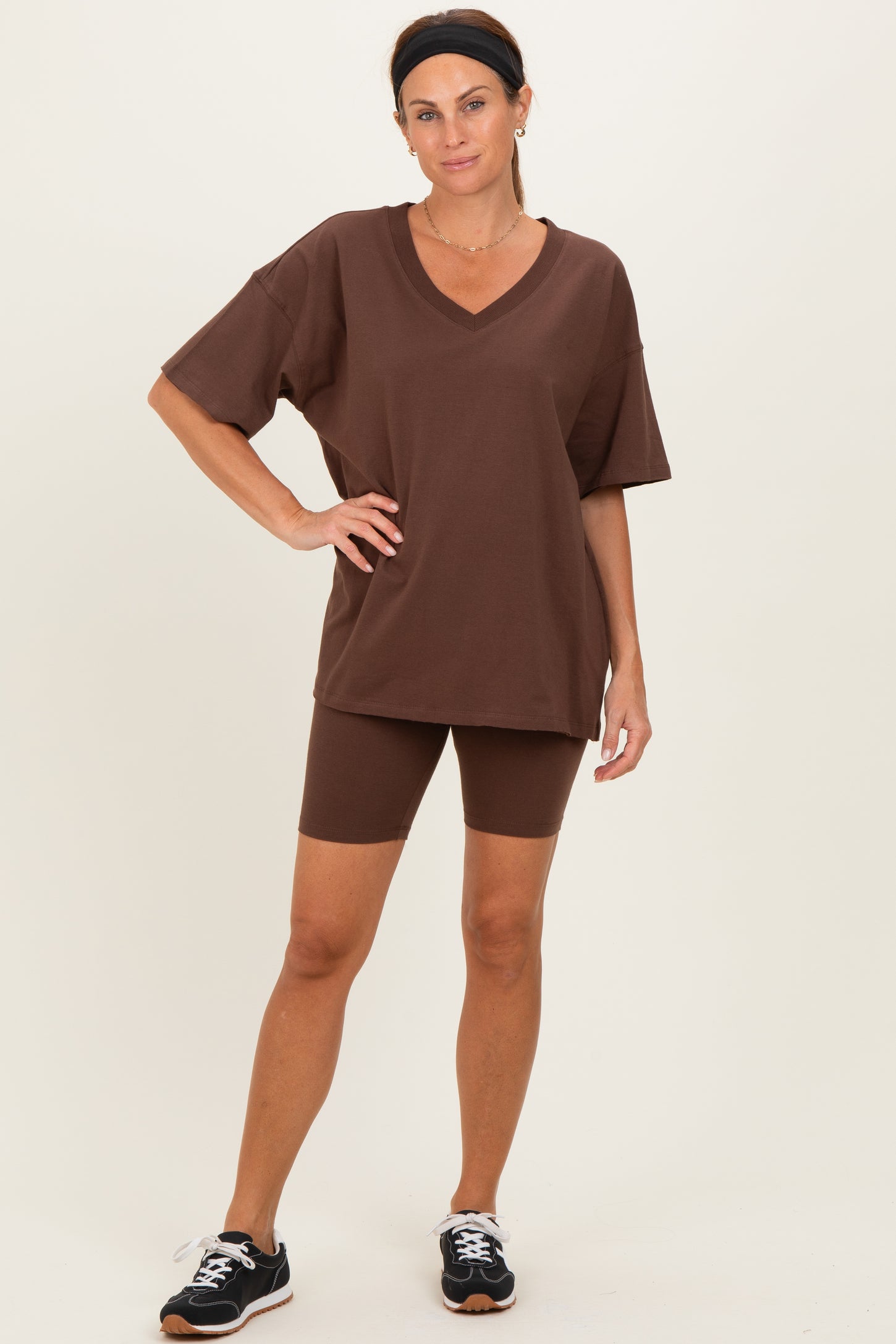Brown Oversized V-Neck Biker Short Set