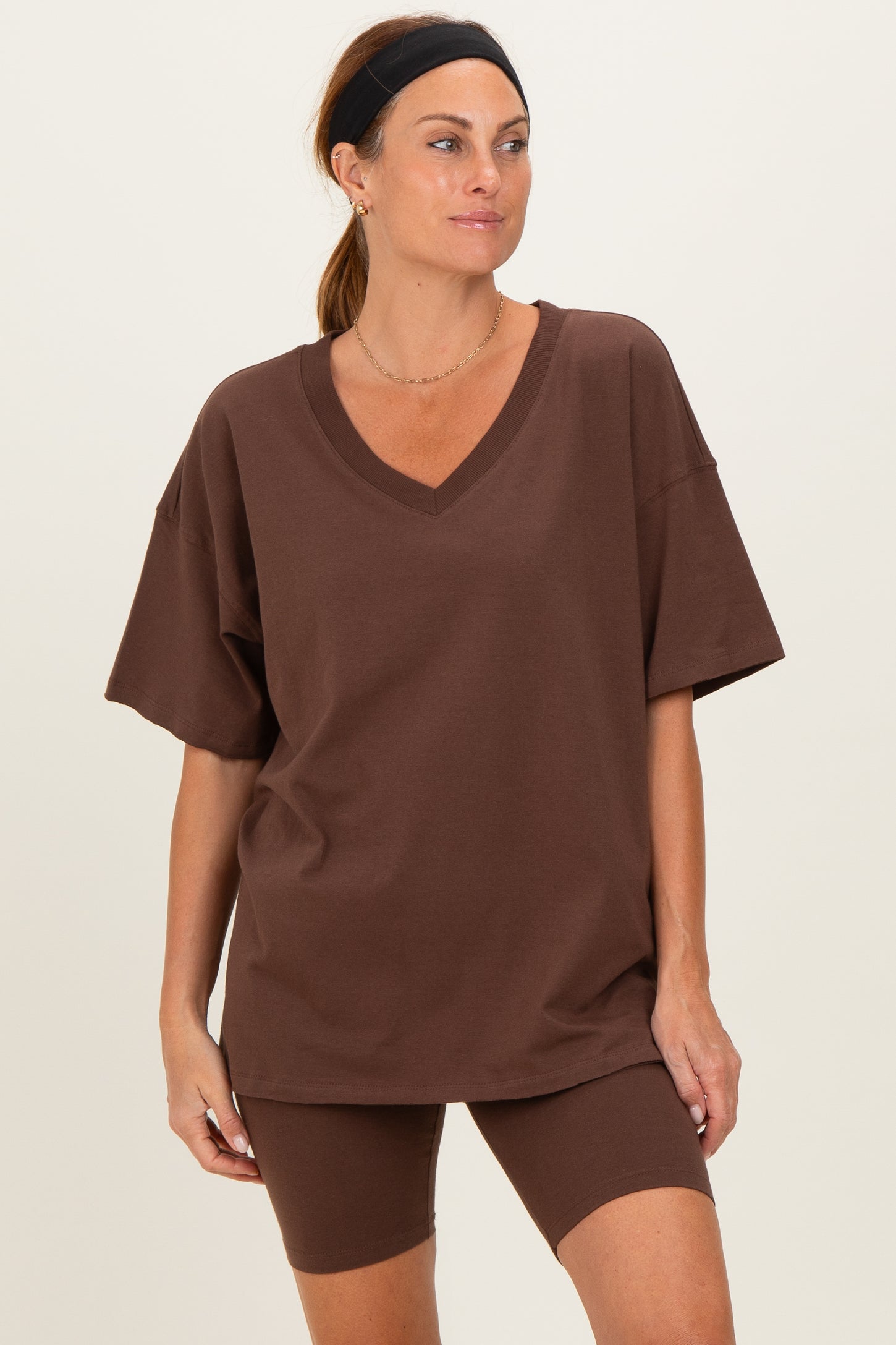 Brown Oversized V-Neck Biker Short Maternity Set