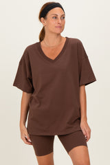 Brown Oversized V-Neck Biker Short Maternity Set