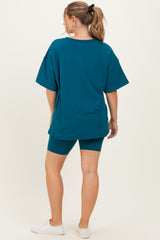 Teal Oversized V-Neck Biker Short Maternity Set