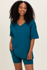 Teal Oversized V-Neck Biker Short Set